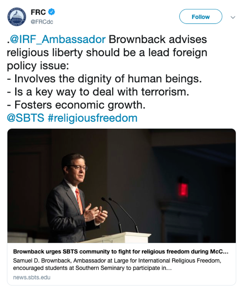 @IRF_Ambassador Brownback advises religious liberty should be a lead foreign policy issue