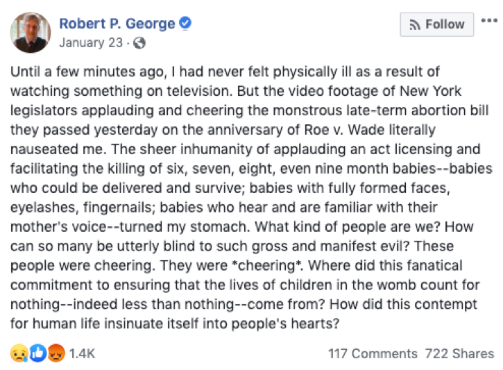 Robert P. George Facebook Post